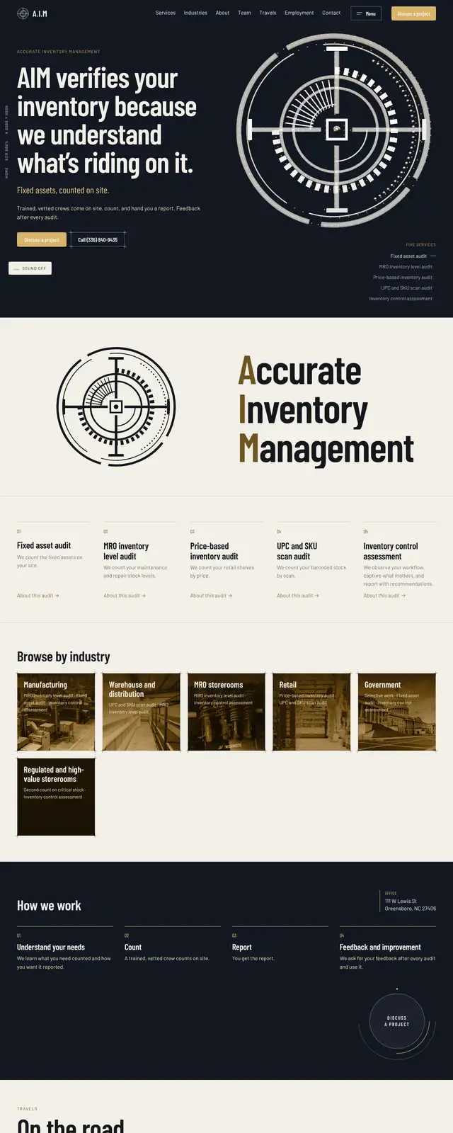 The A.I.M home page, from the hero down through the company name and services.